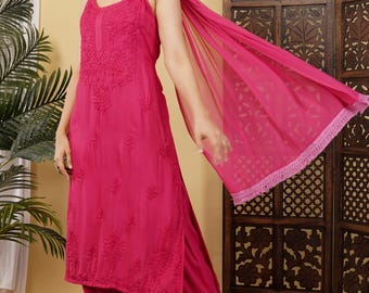Rayon Lucknowi Chikankari Sleeveless Kurta with Afghani Pant and Dupatta Set Women's Hand Embroidered Kurta Pant Set Chikankari 3 Piece Set