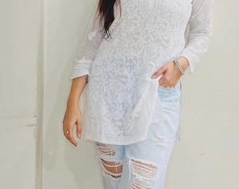 Handmade Viscose Lucknowi Chikankari Short Kurti For Women | Ethnic Wear for Her | Traditional Embroidery Style with Mirror work Short Kurta