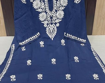 Kurti largo Lucknowi Chikankari hecho a mano / Kurta de rayón bordado para mujer / Kurtis indios para ella / Kurti/Kurta Lucknowi para mujer