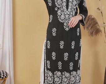 Lucknowi Chikankari Kurti Palazzo Set, Modal Bomull Broderad Kurta Set för Dam, Indisk Etnisk Klädsel, Festival Outfit