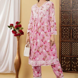 Handmade Floral Print Chikankari Kurti Afgani Pant Set | Mulmul Cotton | Lucknowi Chikan Salwar Kameez | Indian Ethnic wear for Women
