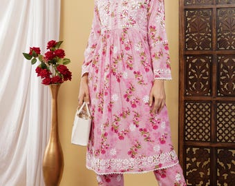 Handmade Floral Print Chikankari Kurti Afgani Pant Set | Mulmul Cotton | Lucknowi Chikan Salwar Kameez | Indian Ethnic Wear for Women