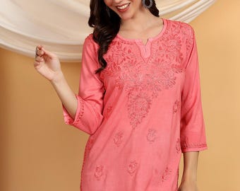 Kurti corto Lucknowi Chikankari hecho a mano / Kurta con bordado de rayón para mujer / Túnica india / Tops de verano / Kurtis cortos para mujer