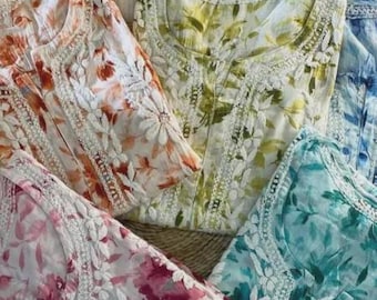 Floral Printed Chikankari Kurta Pant Set for Women | Malmal Cotton Lucknowi Embroidered Salwar Kameez | Indian Ethnic Summer Outfit
