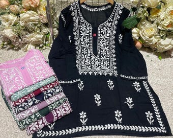 Handmade Lucknowi Chikankari Short Kurti | Rayon Embroidered Kurta Tunic Top for Women | Indian Tunic | Summer Tops | Short Kurtis For Women