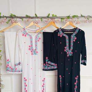 Set Kurta Palazzo in cotone modal ricamato a mano per donna, set Kurti Chikankari bianco/nero, Salwar Kameez per lei, abito Diwali per la mamma