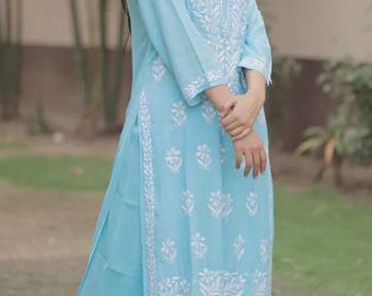 Lucknowi Chikankari Rayon Kurta Palazzo Set - Juego de 2 piezas de parte inferior Kurti larga bordada de algodón rayón con Lucknow Chikankari para mujer