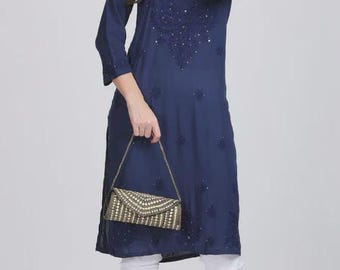 Rayon Chikankari Kurti Palazzo Suit Set: Handmade Lucknow Chikan Salwar Kameez Indian Bollywood Designer Wear Mukesh Work Kurta with Palazzo