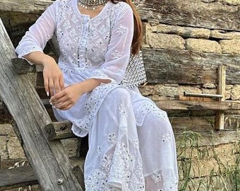 White Sharara Suit Set, Anarkali Style Kurta with Pants, Wedding & Festive Wear | Ethnic Wear | Best for Function | Gift your Wife