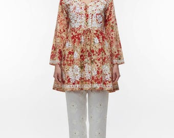 Handmade Lucknowi Chikankari Short Kurti | Mulmul Embroidered Kurta Tunic Top for Women | Indian Tunic | Summer Tops | Short Kurtis For Her