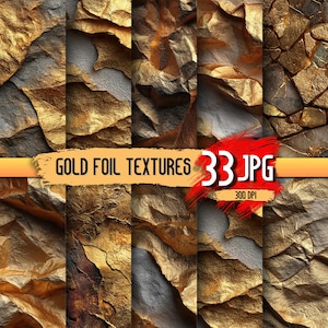 May include: A collection of gold foil textures featuring various metallic, crinkled, and stone-like patterns in shades of gold, bronze, and dark grey. A horizontal orange banner across the centre displays the text GOLD FOIL TEXTURES 33 JPG 300 DPI.