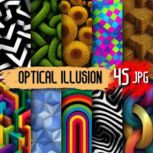 Puede incluir: Una colección de arte digital con varias ilusiones ópticas. Los diseños incluyen patrones geométricos, texturas florales y formas abstractas en colores vibrantes. El texto "OPTICAL ILLUSION" y "45 JPG" son visibles.