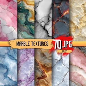May include: A digital collection of 70 marble textures in various colours including pink, teal, white, black, gold, blue, and purple. The image features a horizontal orange banner with the text MARBLE TEXTURES 70 JPG 300 DPI.