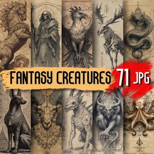 May include: A collection of fantasy creature illustrations in sepia tones. The images include a griffin, a skeletal deer, a serpent, and other mythical beings. The text "FANTASY CREATURES" and "71 JPG" are visible.