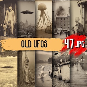 以下が含まれることがあります： セピアトーンの画像コレクションで、ヴィンテージのUFOと地球外生命体を描いています。画像には、巨大なヒューマノイドの姿、都市上空の空飛ぶ円盤、さまざまな環境のエイリアンなど、さまざまなシーンが含まれています。「OLD UFOS」と「47 JPG」の文字も表示されています。