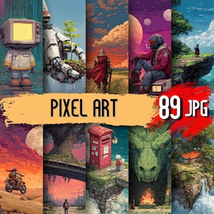 May include: A collection of digital pixel art images with various fantasy and sci-fi themes. The images include a robot with a TV head, a knight, a futuristic figure, and a dragon. The text "PIXEL ART" and "89 JPG" are also present.