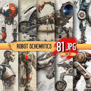 May include: A digital collection of 81 JPG robot schematics featuring technical drawings of mechanical figures, vehicles, and robotic parts. The images display intricate gears, circuits, and structural designs on a grid background with the text ROBOT SCHEMATICS 81 JPG 300 DPI.