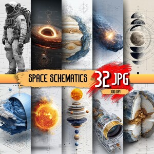 Space Schematic Art Prints: 45 wetenschappelijke diagrammen met hoge resolutie (directe download JPG's)