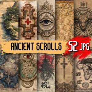 May include: A collection of ancient scroll designs with various illustrations. The designs include maps, architectural drawings, and symbolic imagery. The text "ANCIENT SCROLLS" is displayed across the image. The image is labeled "S2 JPG".
