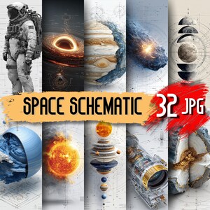Puede incluir: Una colección de paneles de arte digital con ilustraciones temáticas del espacio. Los paneles incluyen un astronauta, un agujero negro, planetas y esquemas. El texto "SPACE SCHEMATIC" y "32 JPG" se muestra en la imagen.
