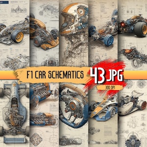 May include: A collection of F1 car schematics featuring technical drawings of racing vehicles, engines, and helmets in orange, blue, and grey tones. The image includes the text F1 CAR SCHEMATICS 43 JPG 300 DPI overlaid on a red brush stroke.
