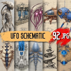Puede incluir: Una colección de nueve ilustraciones digitales de seres extraterrestres y esquemas de ovnis. Las imágenes presentan dibujos detallados de figuras alienígenas, naves espaciales y maquinaria futurista, con el texto "UFO SCHEMATIC" y "92 JPG".