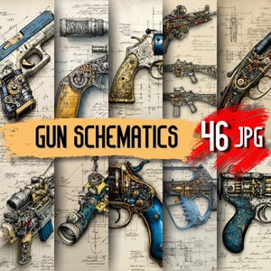 May include: A collage of gun schematics, featuring various firearm designs with intricate mechanical details. The image includes the text "GUN SCHEMATICS" and "46 JPG" on a parchment-like background.