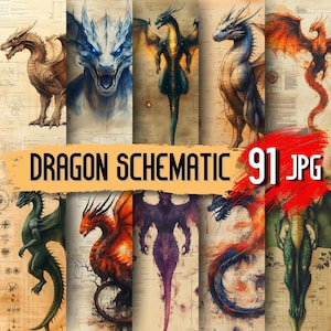 May include: A collection of nine digital art prints featuring various dragon illustrations. The dragons are depicted in different colors and poses, set against a backdrop of vintage-style schematics. The text "DRAGON SCHEMATIC 91 JPG" is overlaid on the image.