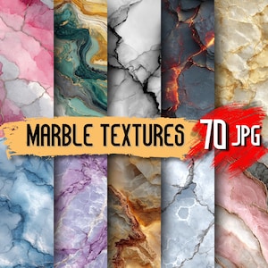 Może przedstawiać: Kolekcja tekstur marmuru w różnych kolorach, w tym różowym, zielonym, białym, szarym i niebieskim. Obraz zawiera tekst "MARBLE TEXTURES 70 JPG" na żółtym banerze.