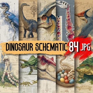 Op de afbeelding: Een verzameling dinosaurusschema's en illustraties. De afbeeldingen tonen verschillende dinosaurussen, waaronder skeletten, gedetailleerde hoofden en volledige lichaamsafbeeldingen. De tekst "DINOSAUR SCHEMATIC 84 JPG" is zichtbaar.