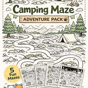 Könnte beinhalten: Schwarz-Weiß-Illustration eines Camping Maze Adventure Pack mit 5 lustigen Labyrinthen. Das Bild zeigt eine Campingszene mit Zelten, Bäumen und einem gewundenen Pfad. Die Wörter „Camping Maze“ und „Adventure Pack“ sind deutlich zu sehen.