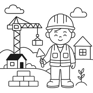 May include: Black and white illustration of a construction worker holding a trowel, wearing a hard hat and vest. A crane, houses, clouds, bricks, and a plant are in the background, depicting a construction site.