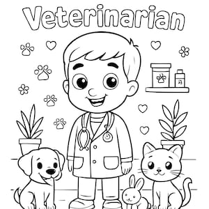 Puede incluir: Ilustración en blanco y negro de un veterinario con estetoscopio, sonriendo y rodeado de un perro, un gato y un conejo. La palabra "Veterinario" está escrita encima del personaje. También hay huellas de patas, corazones y plantas.