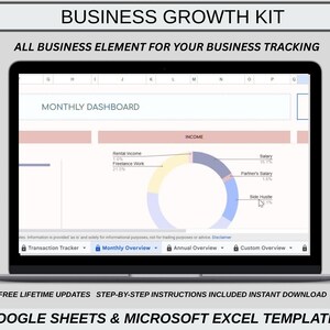 May include: A laptop displays a business dashboard with a pie chart showing income sources. Text at the top reads "BUSINESS GROWTH KIT" and "ALL BUSINESS ELEMENT FOR YOUR BUSINESS TRACKING." The screen shows a monthly overview with income details. The bottom text says "GOOGLE SHEETS & MICROSOFT EXCEL TEMPLATES."