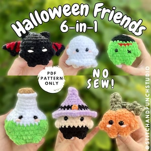 Op de afbeelding: Een verzameling van zes gehaakte Halloween-personages, waaronder een vleermuis, een spook, Frankenstein, een drankfles, een heks en een pompoen. De afbeelding bevat de tekst "Halloween Friends 6-in-1", "PDF Pattern Only" en "NO SEW!"