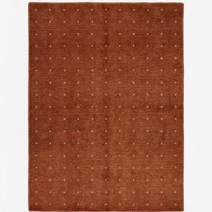 May include: A rectangular area rug in a deep terracotta or rust-orange colour. The surface features a repeating grid pattern of small, light-coloured, square-shaped tufts or dots evenly spaced across the entire field of the textile floor covering.
