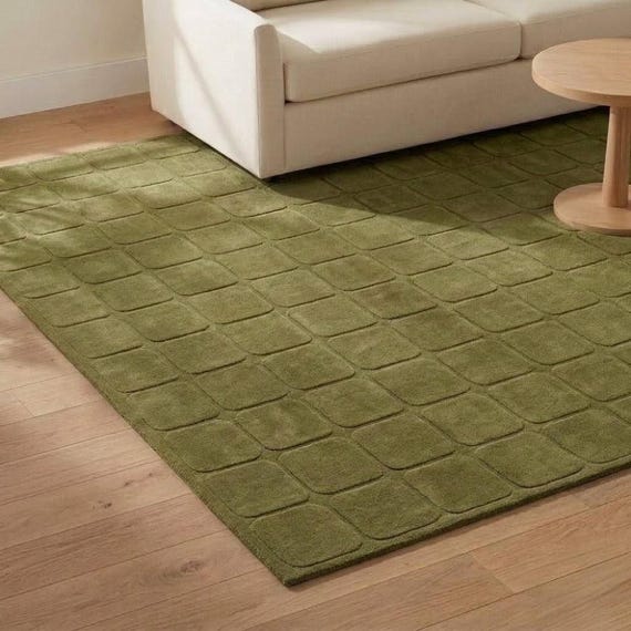 Olive green handtufted rug checkered high low pile 5x8 6x9 7x10 12x15 area rug Earthy green handmade carpet