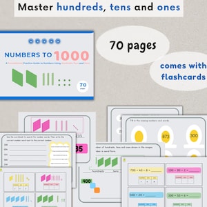 May include: Educational workbook titled "NUMBERS TO 1000" with 70 pages, designed to teach hundreds, tens, and ones. The cover features a blue border and the text "Master hundreds, tens and ones". Includes flashcards and practice exercises.
