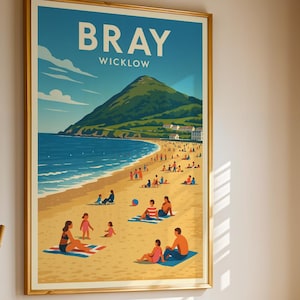 Cartaz de viagem de Bray Wicklow – Impressão de praia irlandesa em estilo vintage, arte de parede costeira da Irlanda, ilustração do Condado de Wicklow