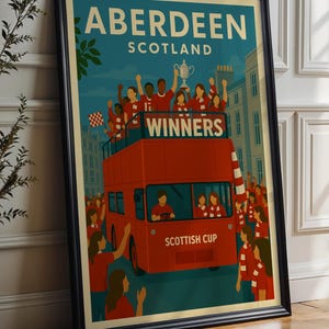 Affiche des vainqueurs de la coupe d'Écosse de l'Aberdeen FC – impression de défilé de football de style voyage rétro, art mural Écosse vintage,