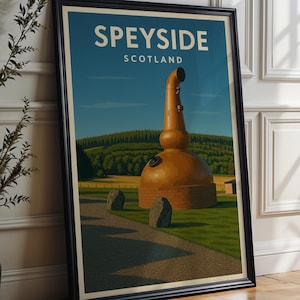 Speyside Scotland Travel Poster | Vintage Whisky Still Art Print | Scottish Highlands Wall Decor | Retro Distillery Landscape Illustration