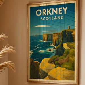Orkney Scotland Travel Poster – Vintage Coastal Cliffs Wall Art Print, Scottish Island Landscape Illustration, Nature Gift UK