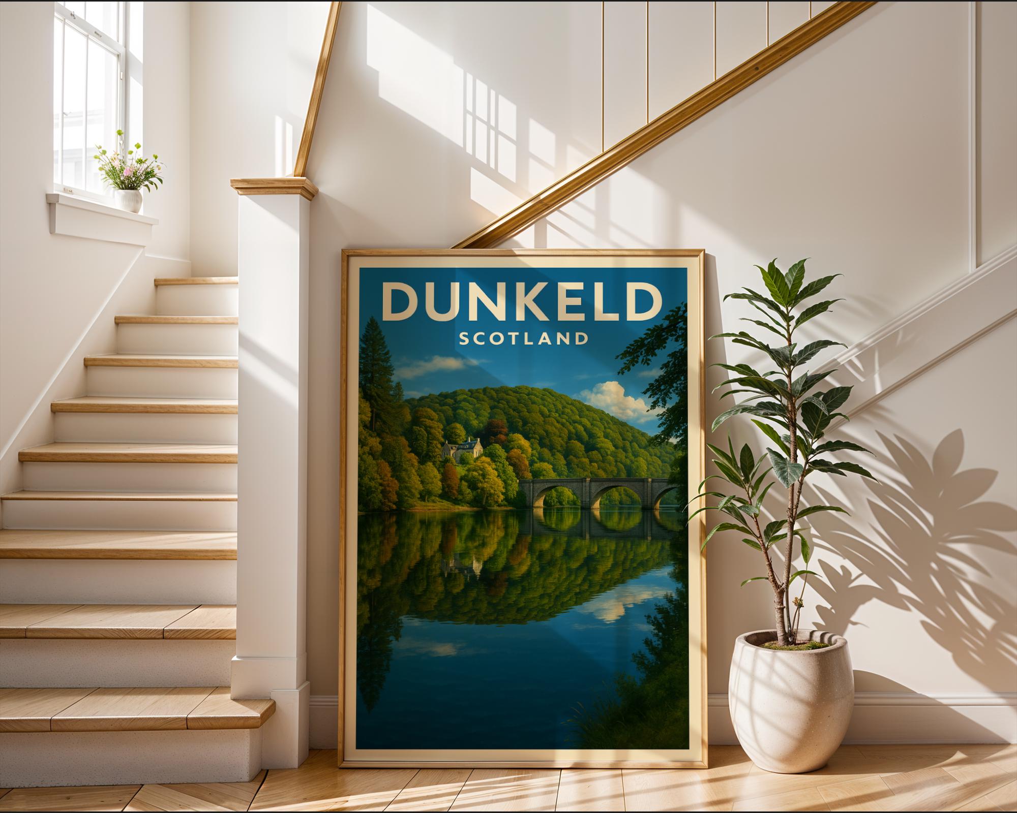 Dunkeld Scotland Vintage Travel Poster – Highland Landscape Wall Art, River Tay Illustration, Scottish Nature Decor, UK Travel Gift