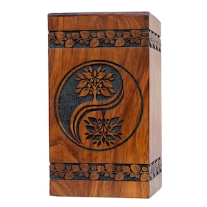Houten urnenkist – Yin Yang Tree Design | Crematie-urn ter nagedachtenis aan dierbaren en huisdieren | Zwarte kleur: