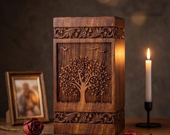 Personalisierte Holzurne für menschliche Asche - Baum des Lebens Design | Handgefertigte Andenken