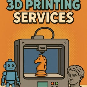 Pode incluir: Gráfico promocional de serviços de impressão 3D, apresentando uma impressora 3D com uma peça de xadrez laranja dentro. Um robô azul e um busto também são mostrados. O texto diz "CUSTOM 3D PRINTING SERVICES" e "PRINT YOUR STL WITH US."