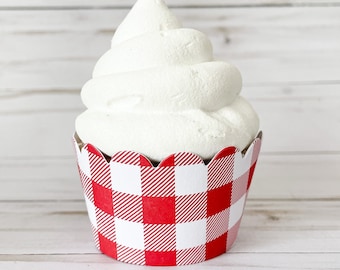 Red and White  Buffalo Check Cupcake Wrappers -  Set of 25 - Standard Size - Picnic Print