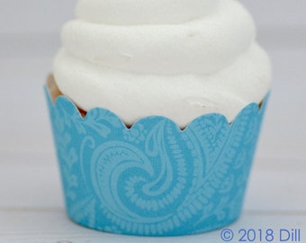 Aqua Blue Paisley Cupcake Wrappers - Standard Cupcake Wraps Set of 24