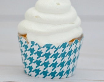 Peacock Teal & White Houndstooth Cupcake Wrappers - Standard Cupcake Wraps Set of 24