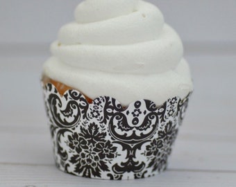 Black & White Vintage Damask Cupcake Wrappers - Standard Cupcake Wraps Set of 24